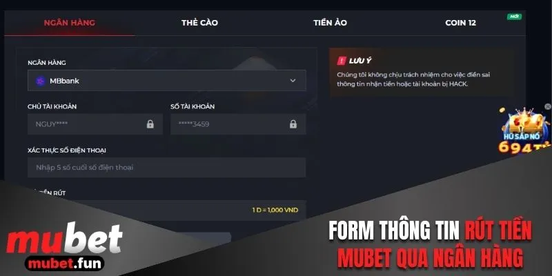 Biểu mẫu giao dịch nhanh qua ngân hàng cá nhân